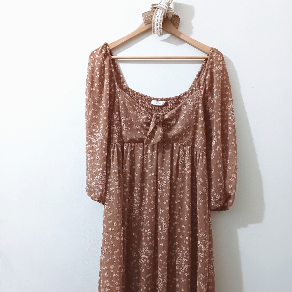 Lush Muave Brown Floral Tie Front Off The Shoulder Balloon Sleeve Maxi Dress